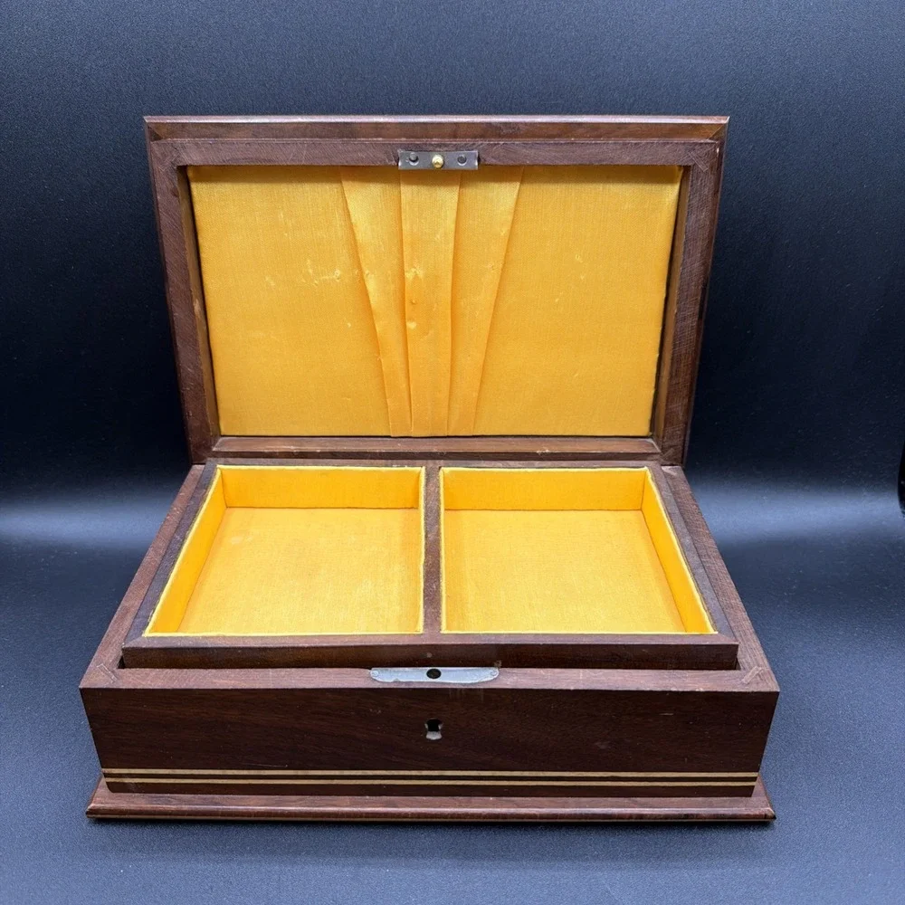 Vtg Wood Jewelry Box 3 Tone Rose Floral Inlay Brazil Yellow Lining 9.5x6.25